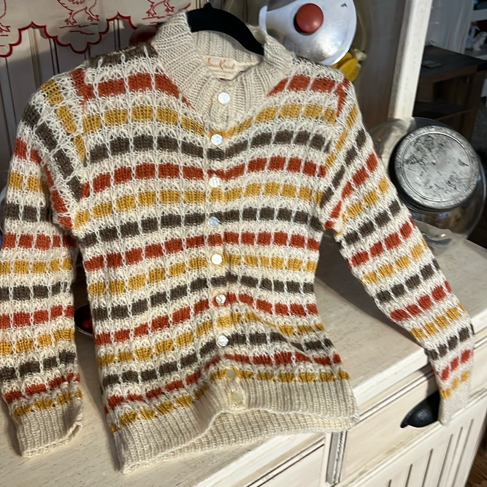 vintage cardigan 67% mohair, earth tones, mustard, orange, chocolate stripes